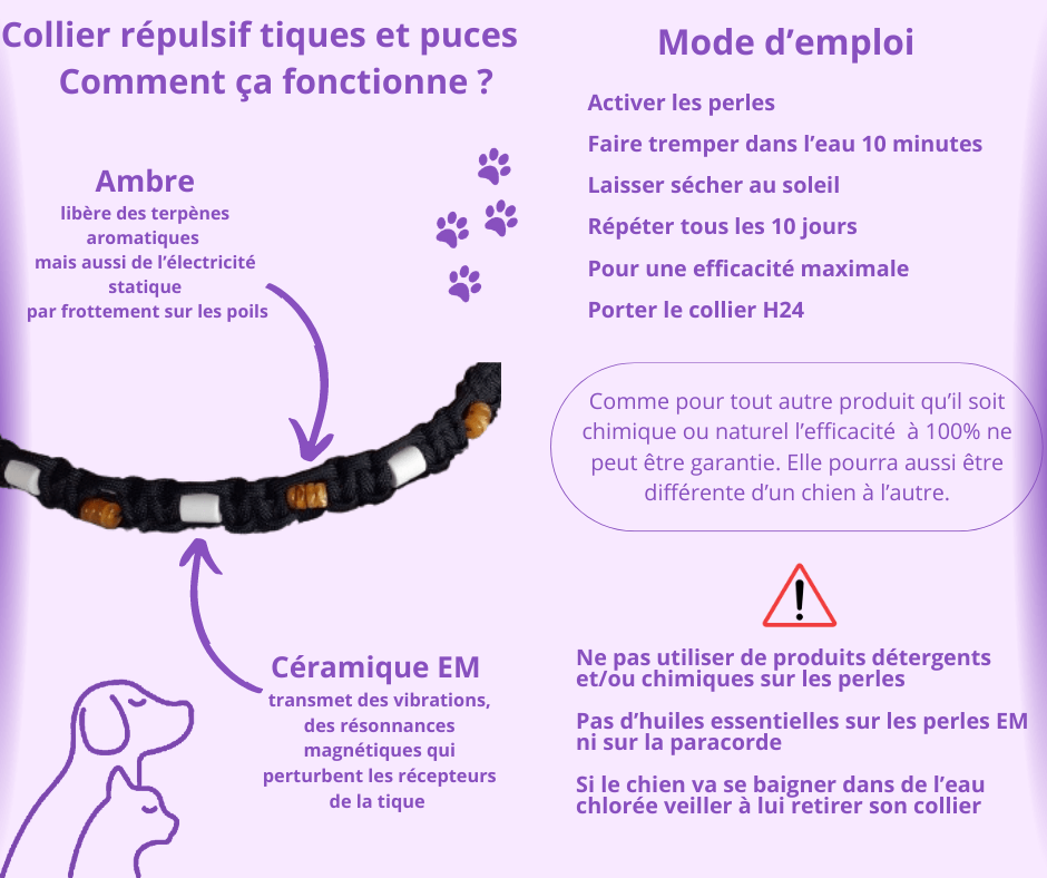 perles céramique EM sur collier anti tiques naturel pour chien et chat - mode d'emploi