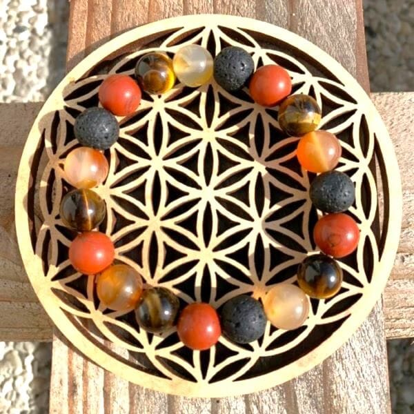 bracelet lithotherapie personnalisé : cornaline, oeil de tigre, jaspe rouge et pierre de lave