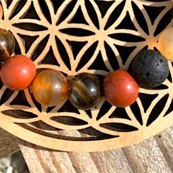bracelet lithotherapie personnalisé : cornaline, oeil de tigre, jaspe rouge et pierre de lave